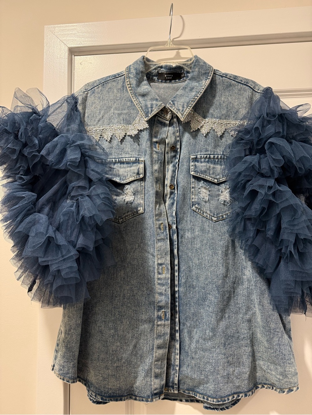 Gritty Soul Denim Shirt with Navy Tulle Ruffle Sleeves - Picture 8 of 8